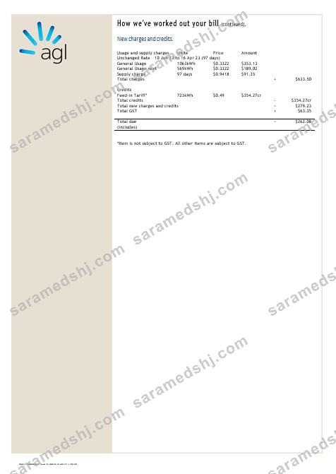 Australia AGL electricity account energy utility bill Word and PDF formats